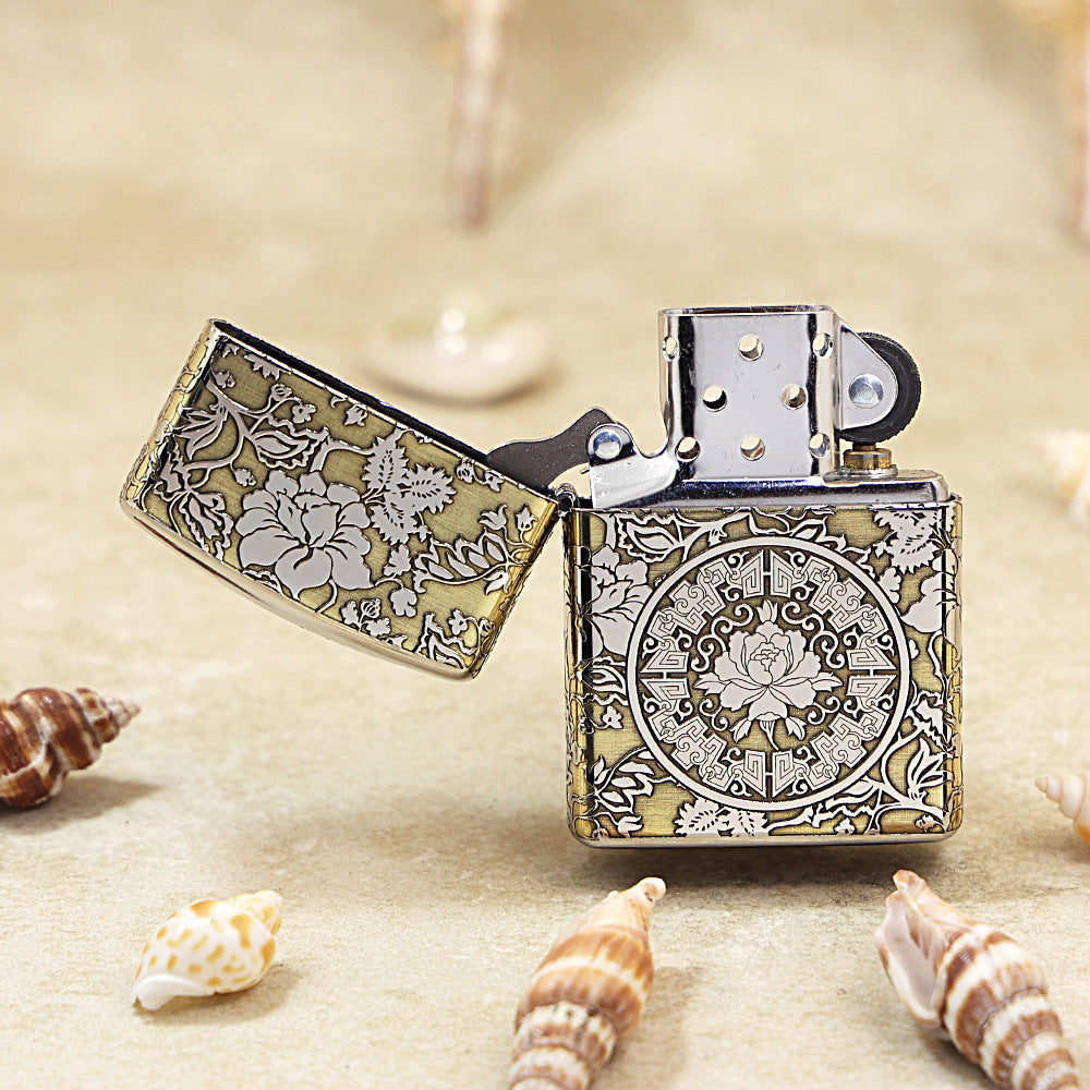 Zippo Brushed Brass Deep Carved Peony and Floral Scrollwork - SC21