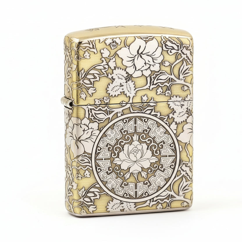 Zippo Brushed Brass Deep Carved Peony and Floral Scrollwork - SC21