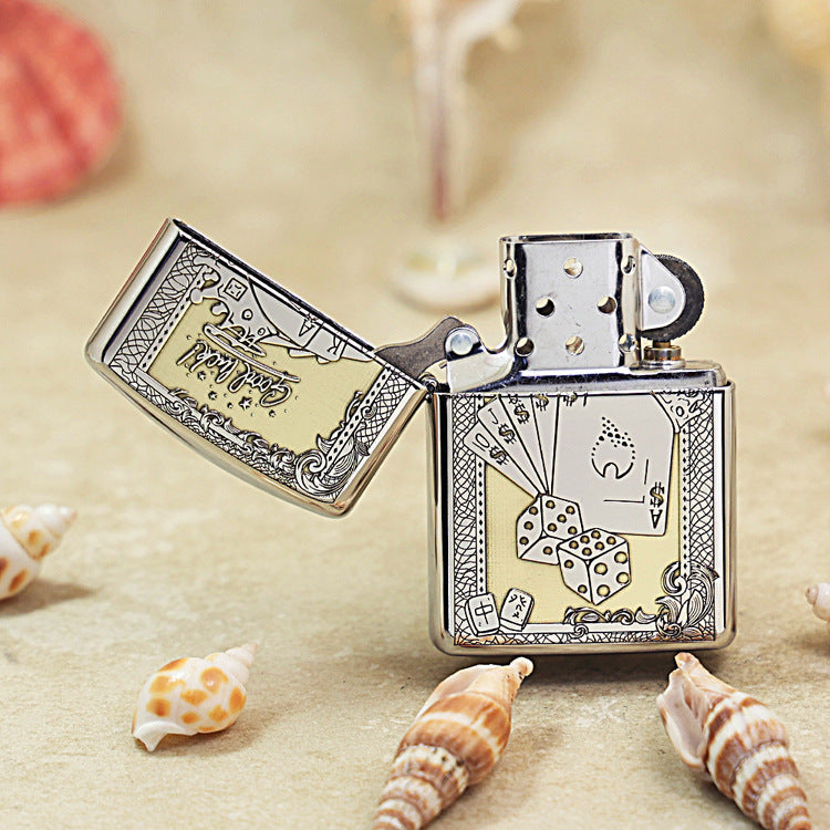 Zippo Brushed Chrome Deep Carved Good Luck Poker Hand and Dice - SC08