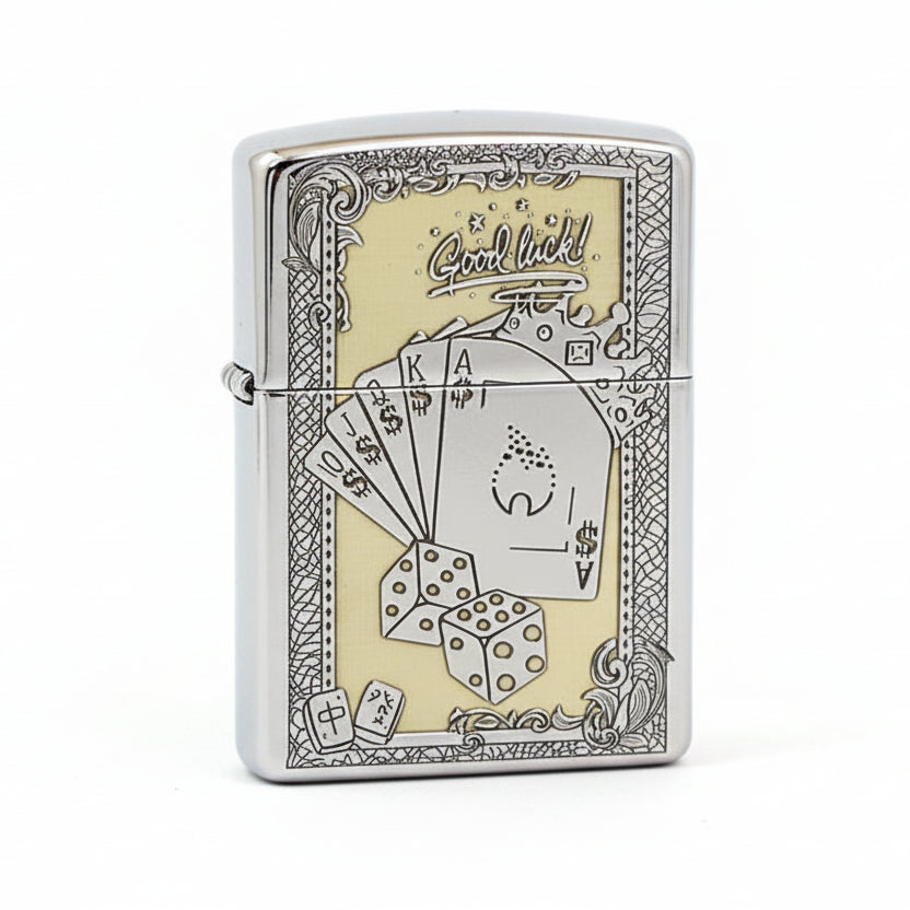 Zippo Brushed Chrome Deep Carved Good Luck Poker Hand and Dice - SC08