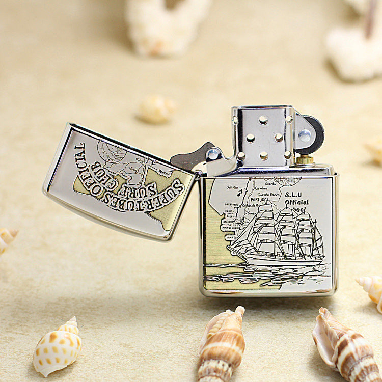 Zippo Brushed Chrome Deep Carved Nautical Chart and Sailing Ship - SC17