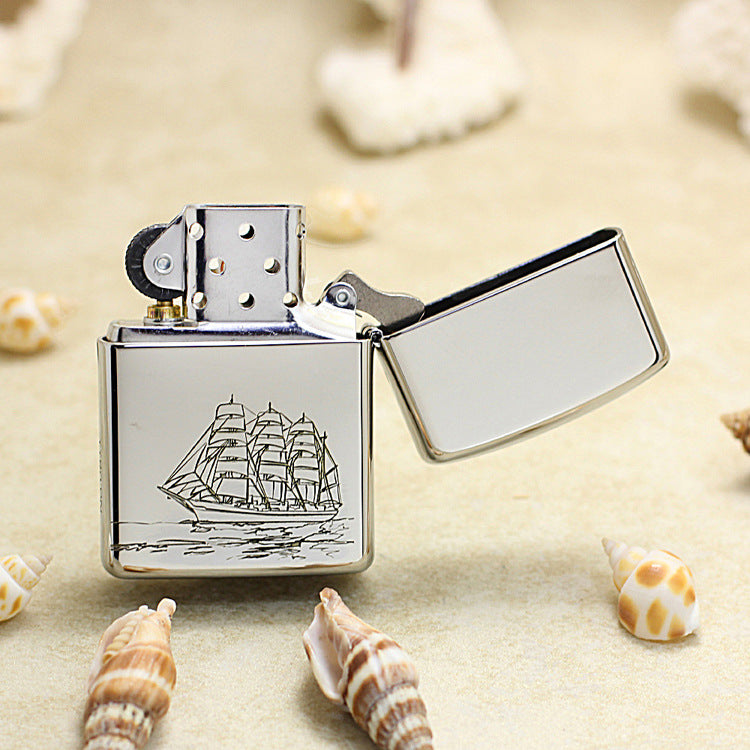 Zippo Brushed Chrome Deep Carved Nautical Chart and Sailing Ship - SC17