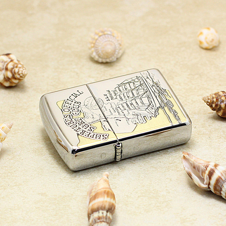 Zippo Brushed Chrome Deep Carved Nautical Chart and Sailing Ship - SC17