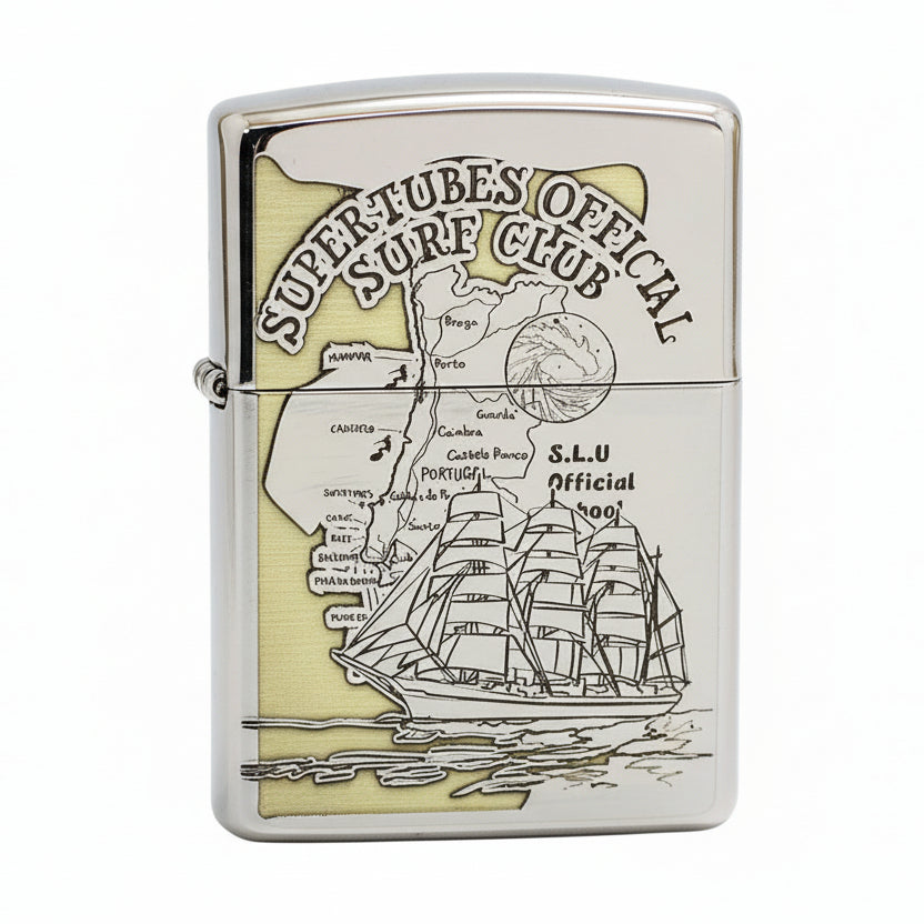 Zippo Brushed Chrome Deep Carved Nautical Chart and Sailing Ship - SC17