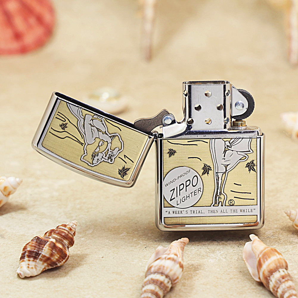 Zippo Brushed Chrome Deep Engraved Pin-Up Girl Smoking in the Wind - SC25