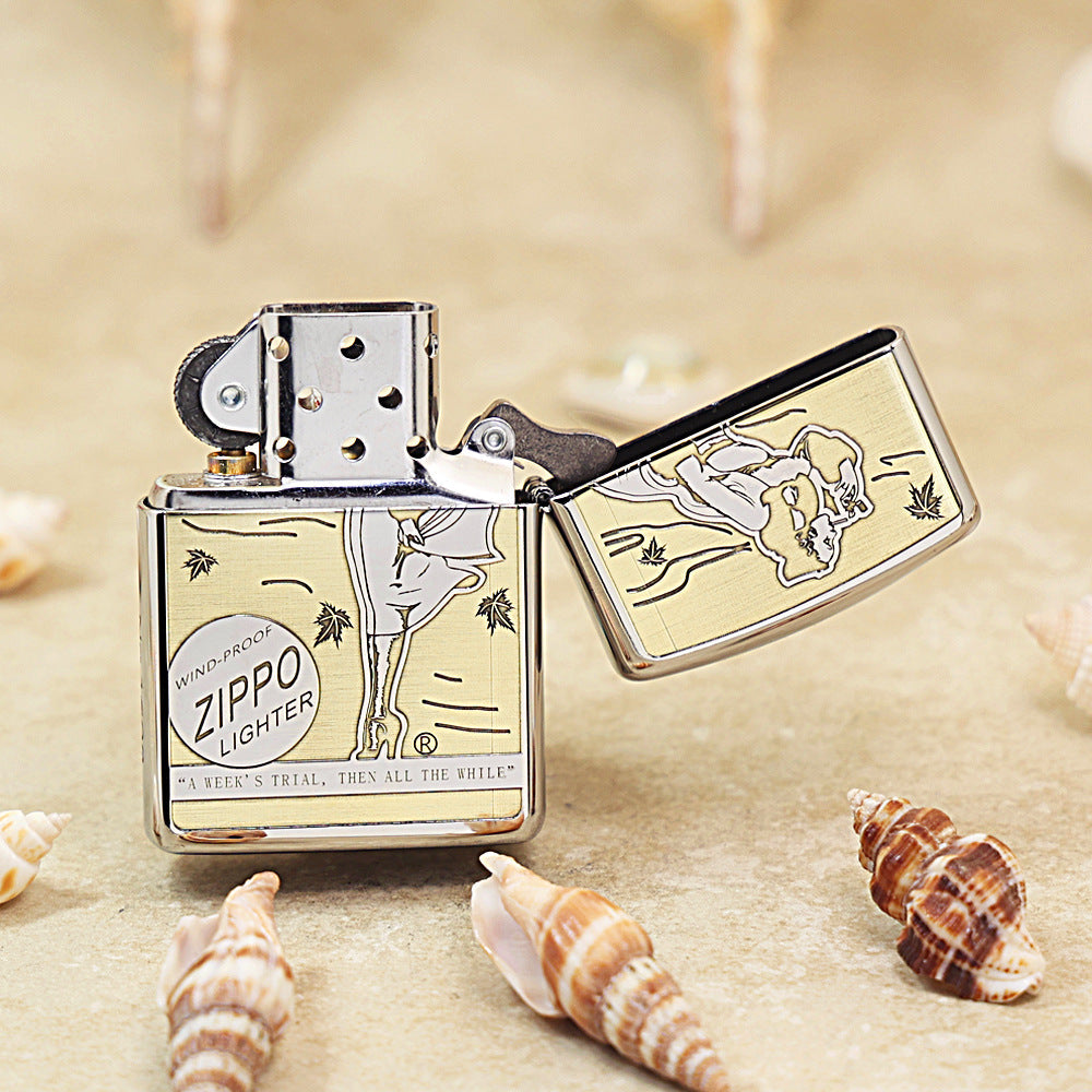 Zippo Brushed Chrome Deep Engraved Pin-Up Girl Smoking in the Wind - SC25