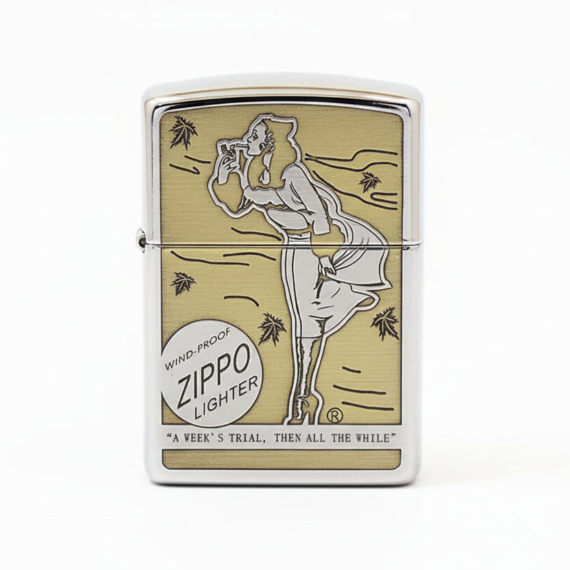 Zippo Brushed Chrome Deep Engraved Pin-Up Girl Smoking in the Wind - SC25