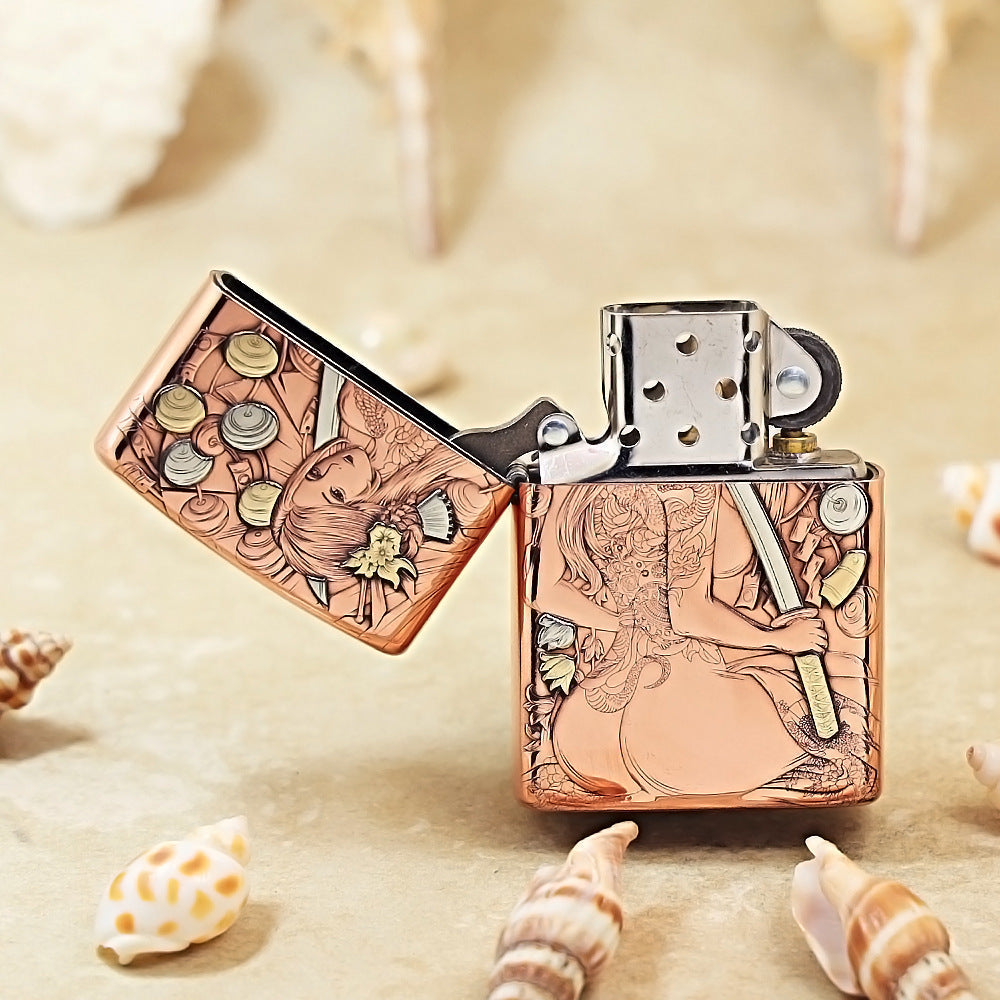 Zippo Copper Tone Deep Carved Female Warrior and Katana - CM13