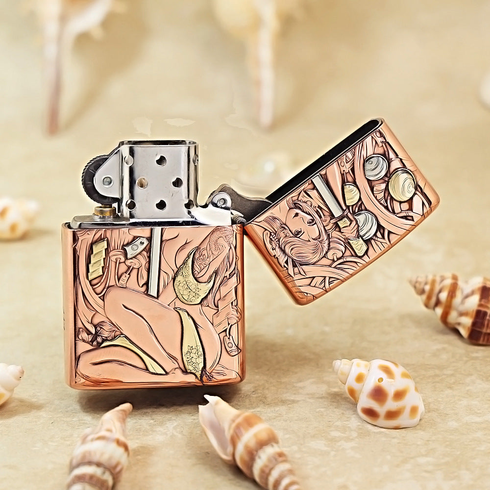 Zippo Copper Tone Deep Carved Female Warrior and Katana - CM13