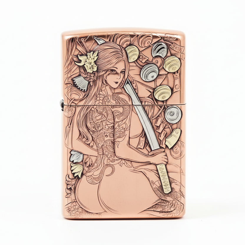 Zippo Copper Tone Deep Carved Female Warrior and Katana - CM13