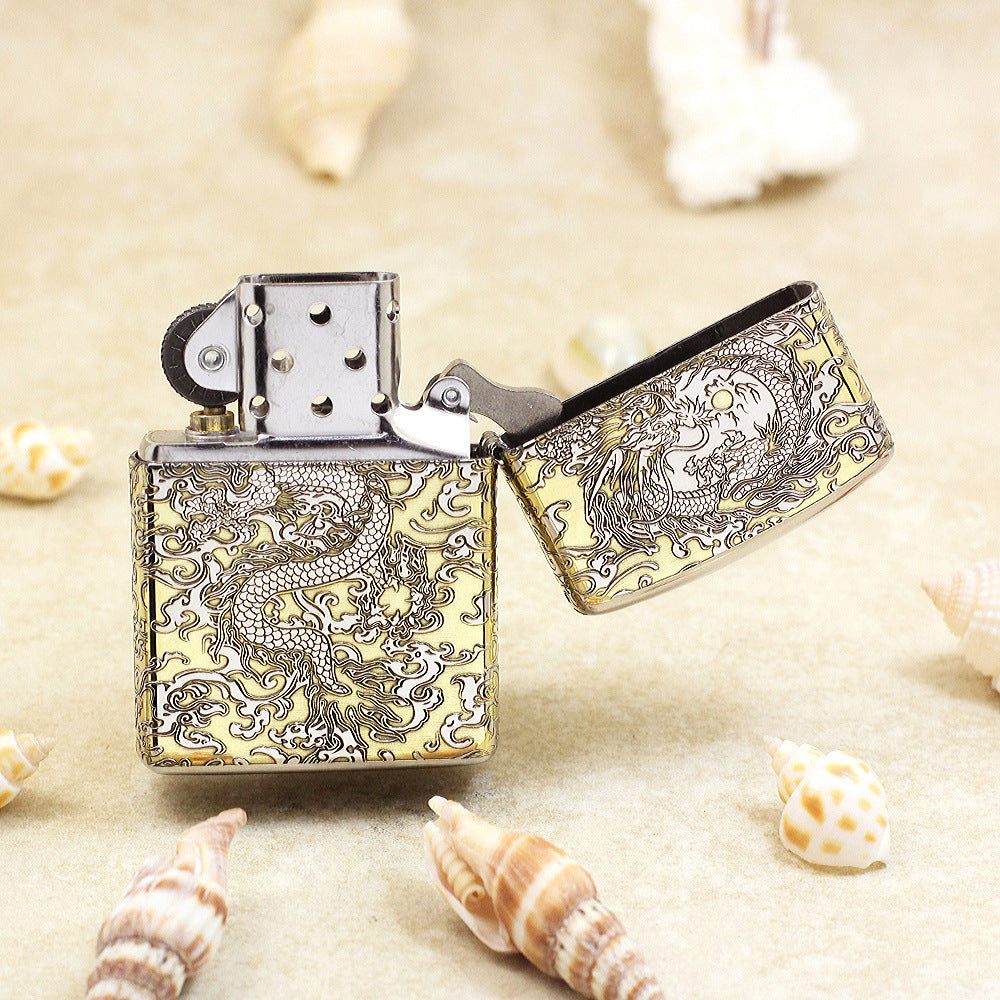 Zippo Gold and Silver Deep Carved Coiling Dragon in the Clouds - SC33