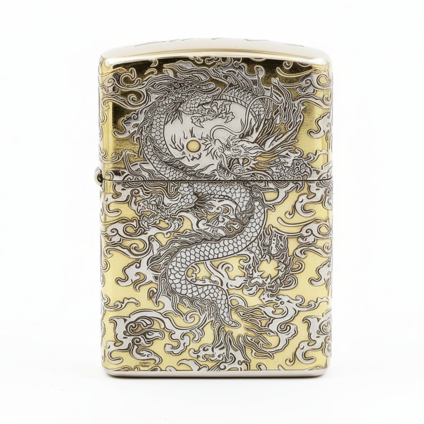 Zippo Gold and Silver Deep Carved Coiling Dragon in the Clouds - SC33