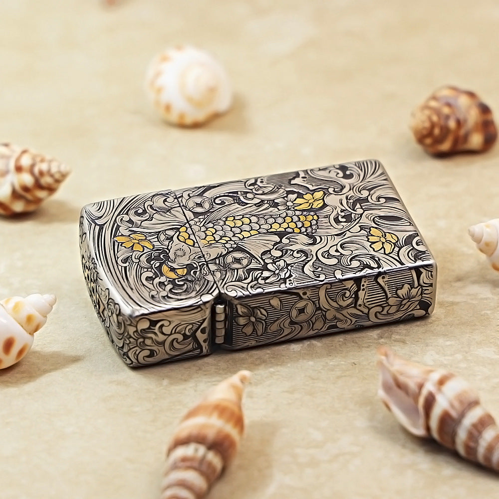 Zippo Heavy Carved Two-Tone Koi Fish and Turbulent Waves Case - CM14