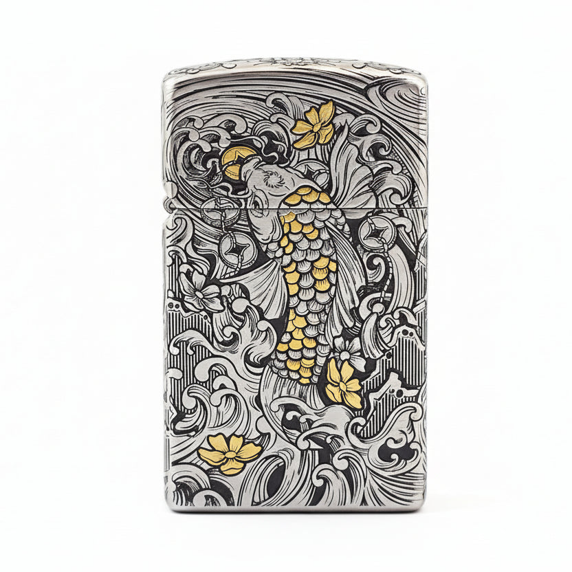 Zippo Heavy Carved Two-Tone Koi Fish and Turbulent Waves Case - CM14
