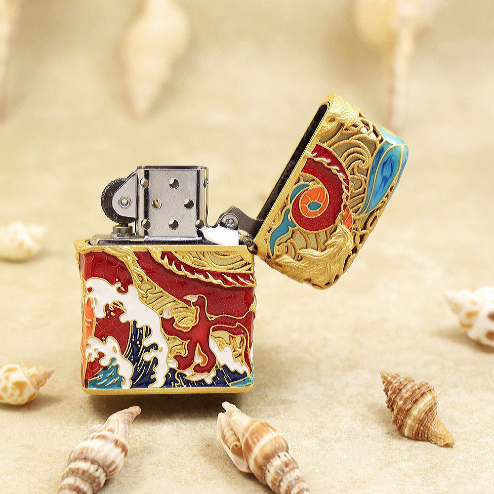 Zippo Heavy Relief Antique Silver Dragon and Ocean Wave Case - CM50