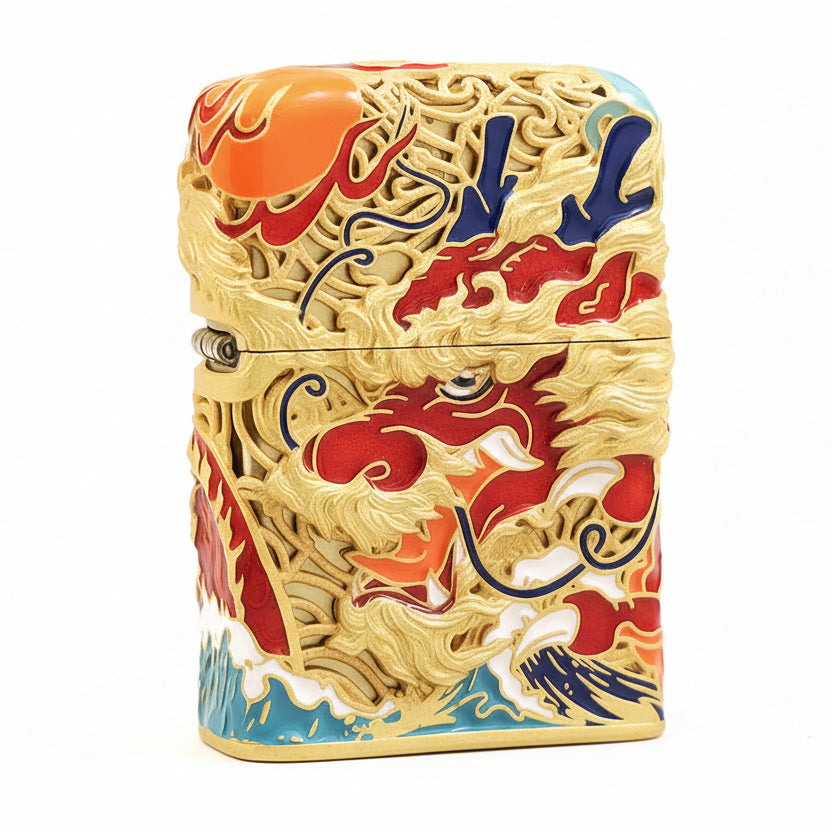 Zippo Heavy Relief Antique Silver Dragon and Ocean Wave Case - CM50