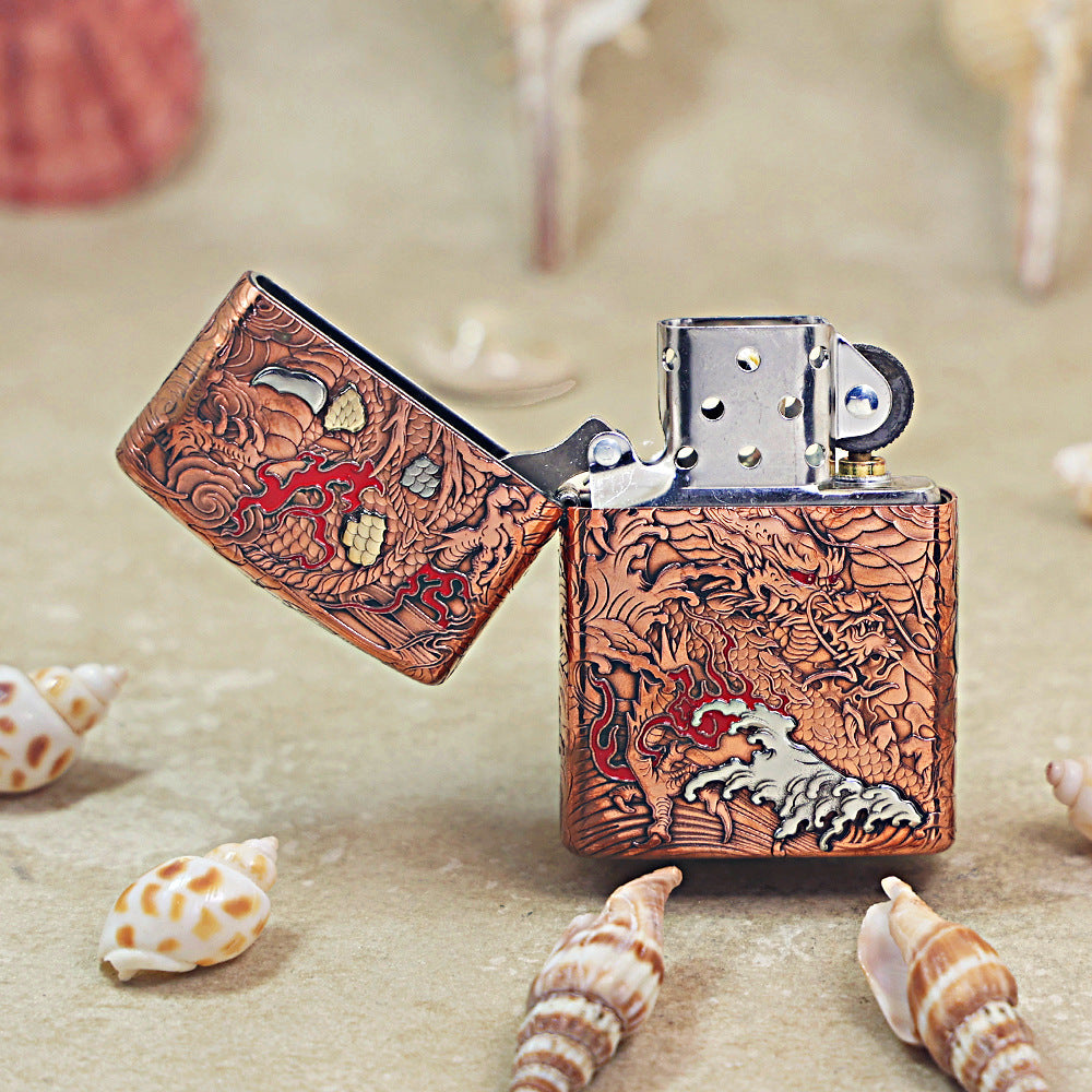Zippo Heavy Relief Copper Tone Dragon and Flame Case Set - CM17