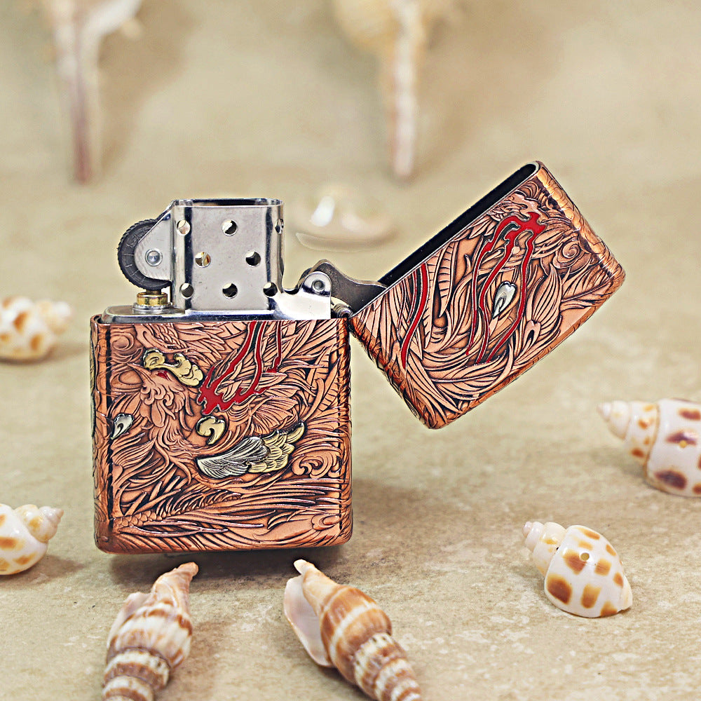 Zippo Heavy Relief Copper Tone Dragon and Flame Case Set - CM17