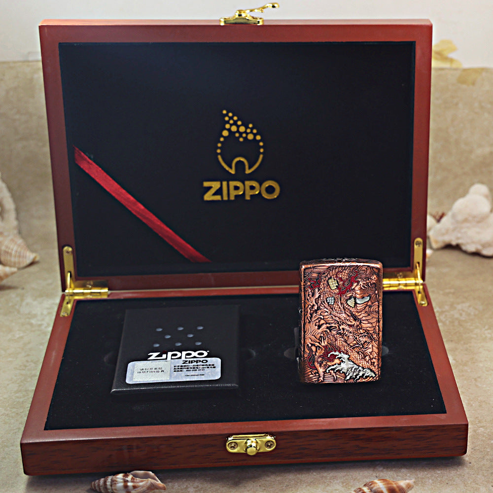Zippo Heavy Relief Copper Tone Dragon and Flame Case Set - CM17