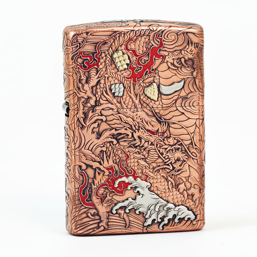 Zippo Heavy Relief Copper Tone Dragon and Flame Case Set - CM17