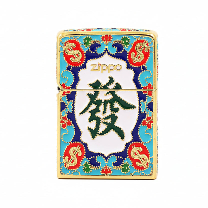Zippo Heavy Relief Gold Enamel Prosperity Mahjong Tile Case - CM22