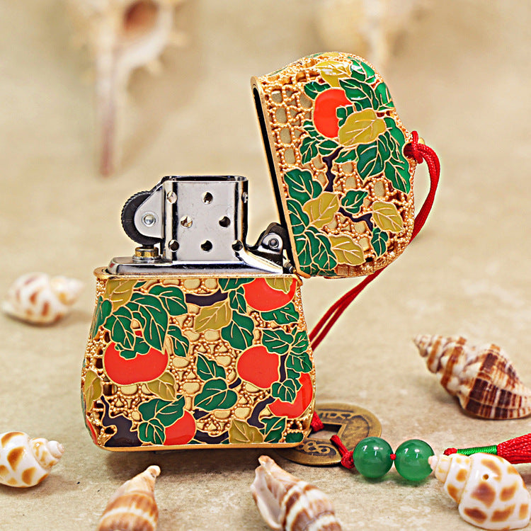 Zippo Heavy Relief Gold Filigree Persimmon Gourd Good Fortune Case Set - CM37