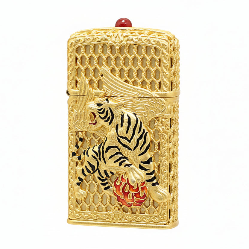 Zippo Heavy Relief Gold Filigree Winged Tiger Case Set - CM53