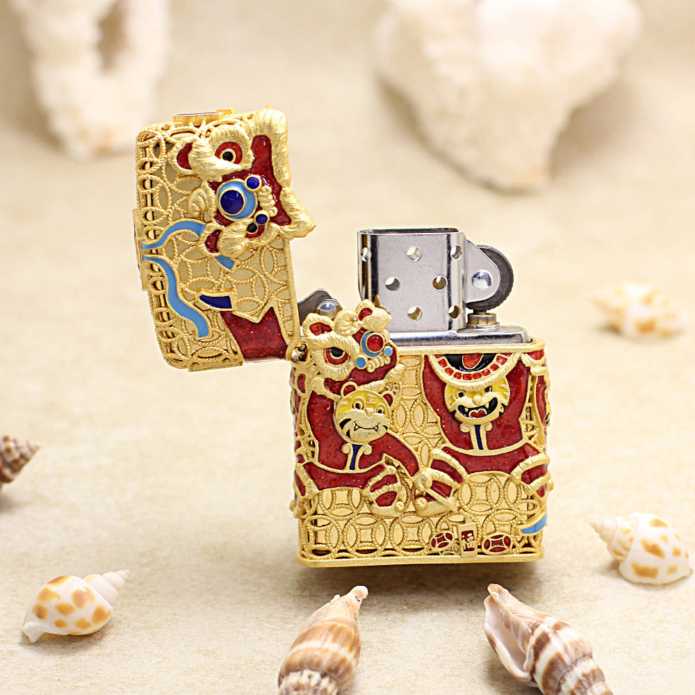 Zippo Heavy Relief Gold Lion Dance and Tiger Zodiac Case Set - CM23