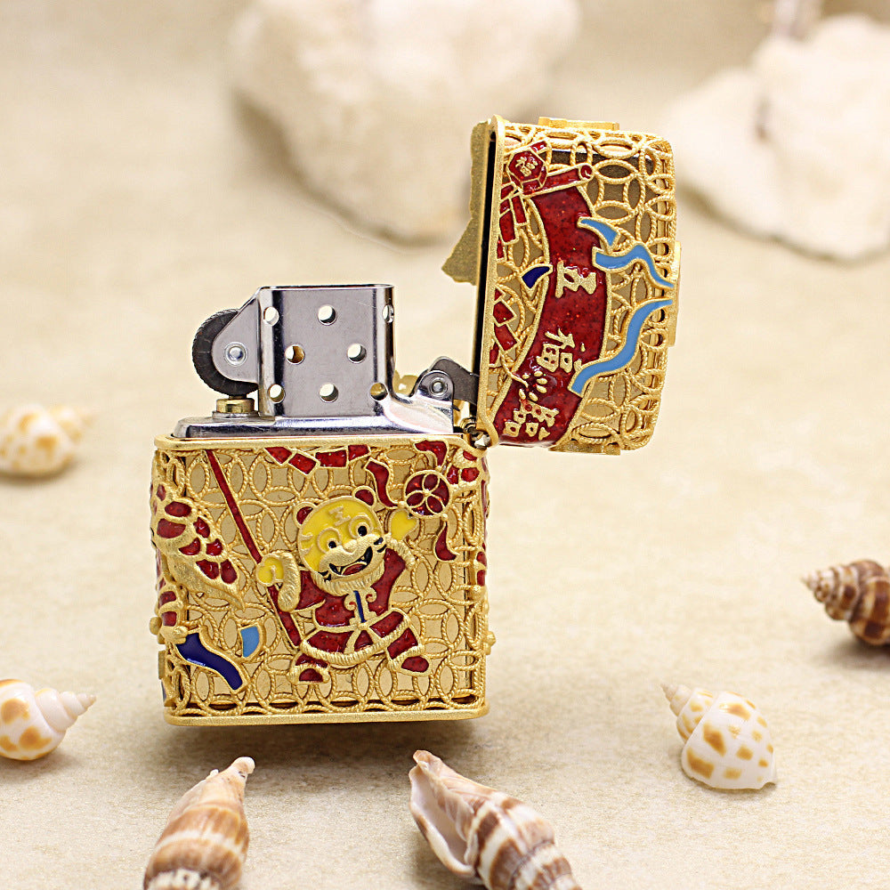 Zippo Heavy Relief Gold Lion Dance and Tiger Zodiac Case Set - CM23