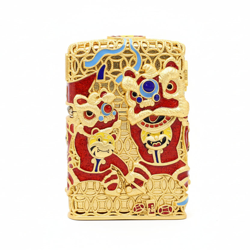 Zippo Heavy Relief Gold Lion Dance and Tiger Zodiac Case Set - CM23