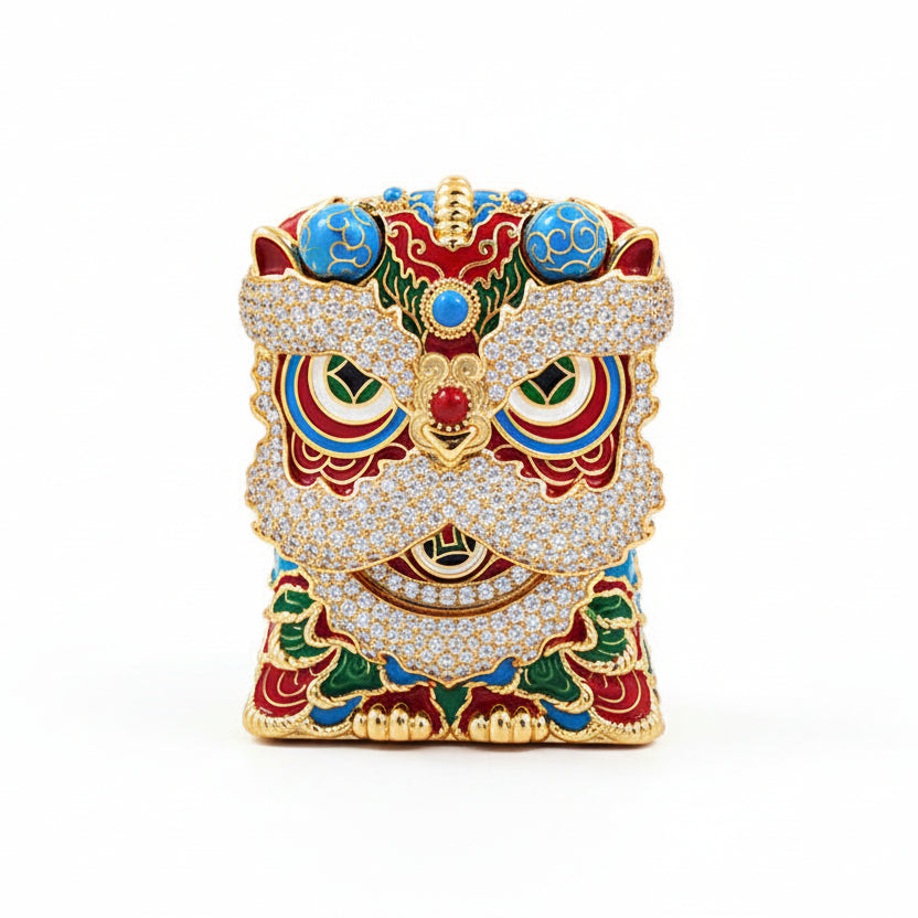 Zippo Heavy Relief Gold and Gemstone Lion Dance Head Case Set - CM41