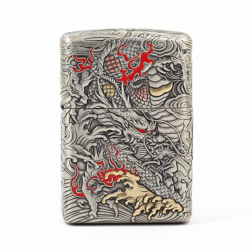Zippo Heavy Relief Gold and Silver Coiling Dragon Prosperity Emblem - CM16