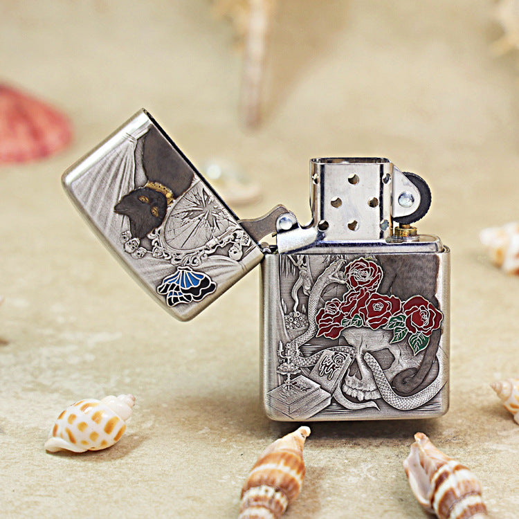 Zippo Heavy Relief Silver Broken Mirror Snake Cat Gothic Case - CM38