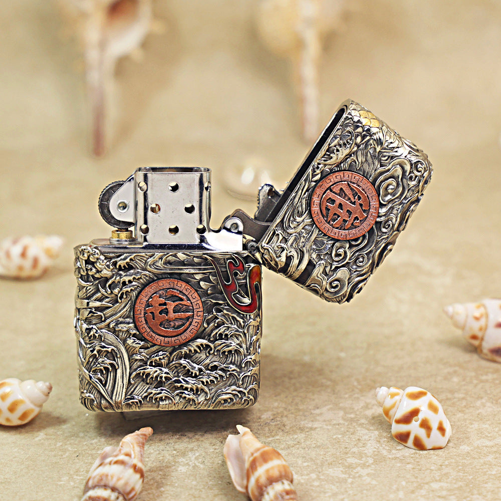 Zippo Heavy Relief Silver Panda and Dragon Battle Case Set - CM29