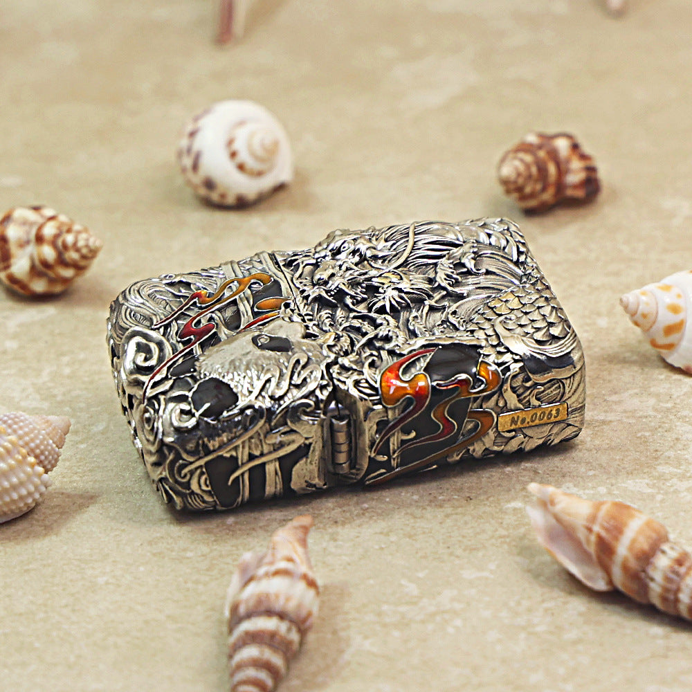 Zippo Heavy Relief Silver Panda and Dragon Battle Case Set - CM29