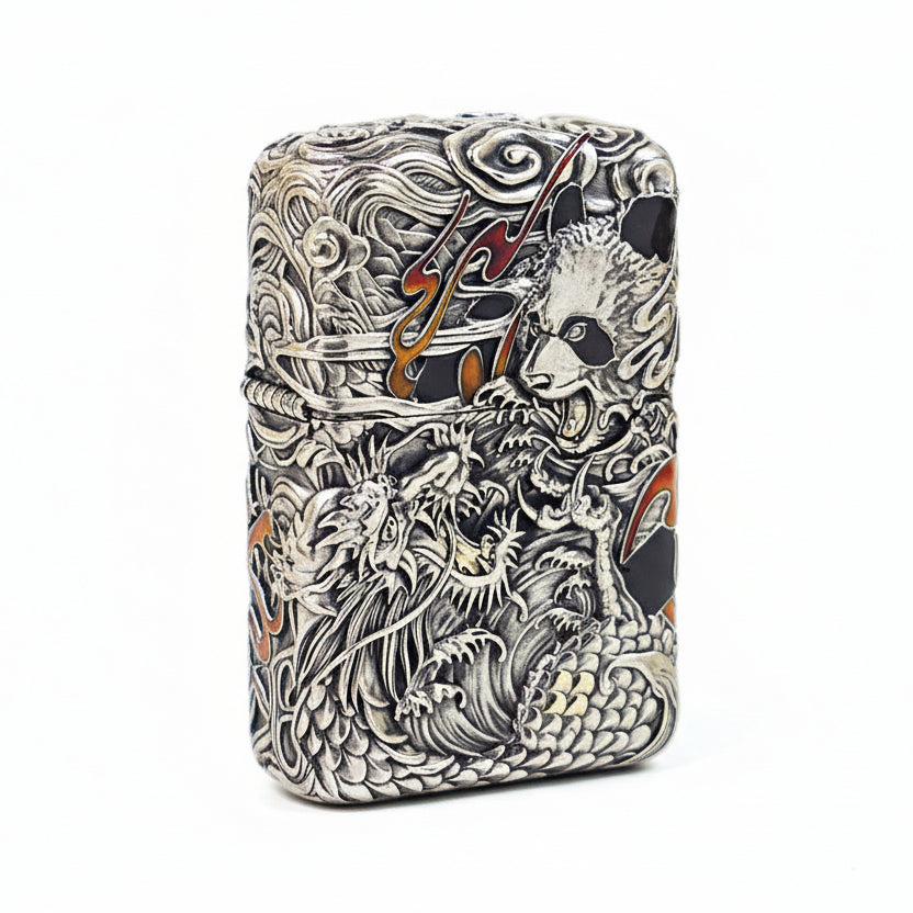 Zippo Heavy Relief Silver Panda and Dragon Battle Case Set - CM29
