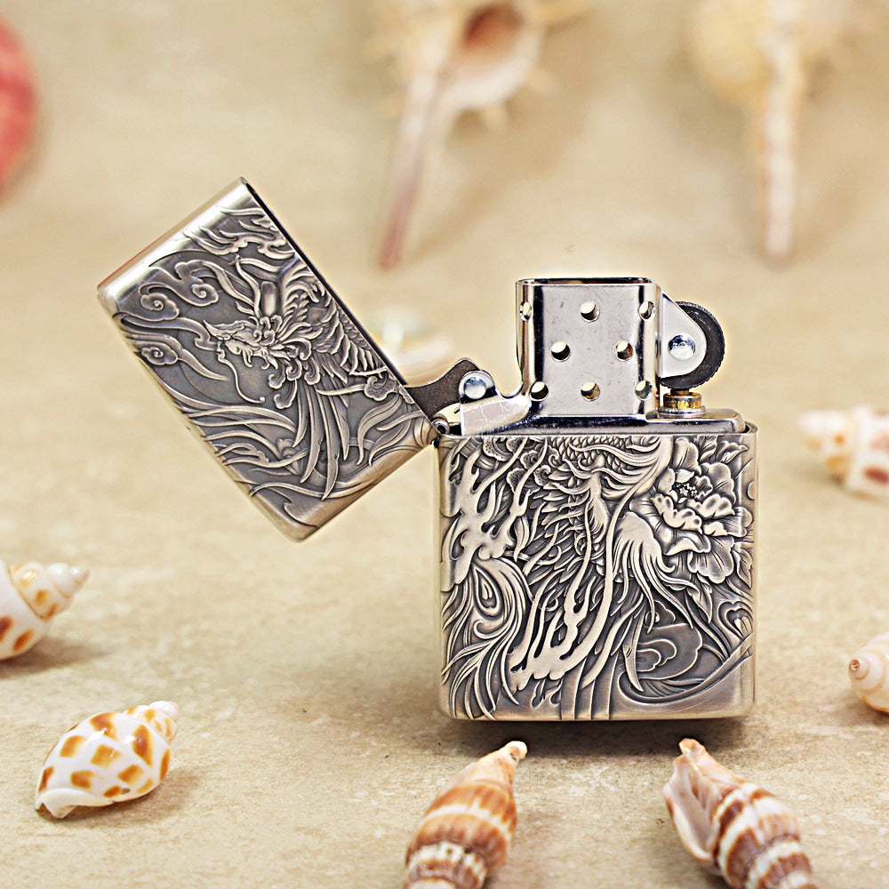 Zippo Heavy Relief Silver Phoenix and Peony Case - CM35