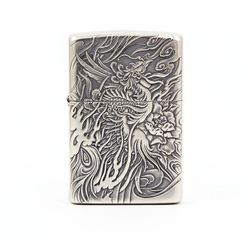 Zippo Heavy Relief Silver Phoenix and Peony Case - CM35