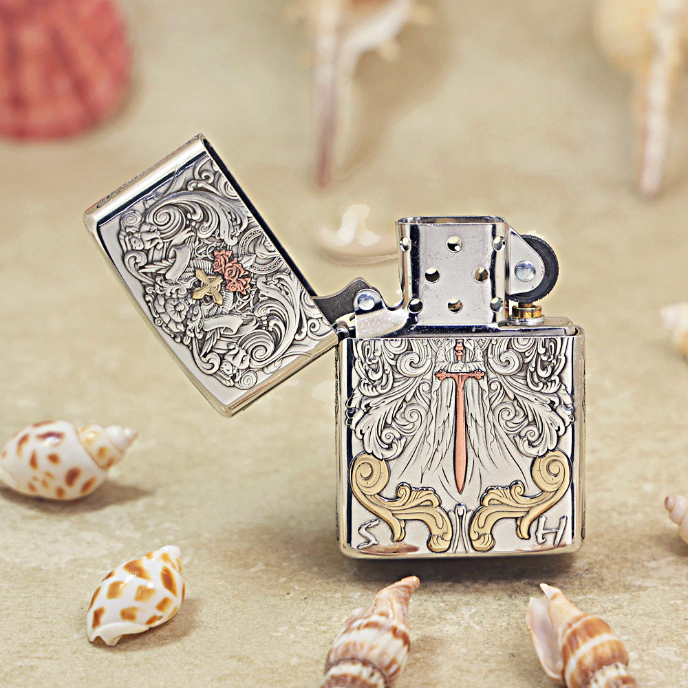 Zippo Heavy Relief Silver Sword of Judgment and Cherubs Case - CM30