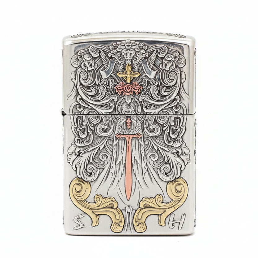 Zippo Heavy Relief Silver Sword of Judgment and Cherubs Case - CM30