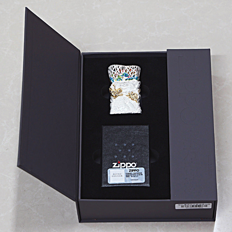 Zippo Heavy Relief White Great Wall and Gold Dragon Case Set - CM42