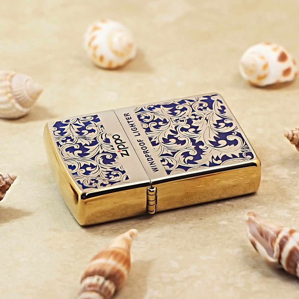 Zippo High Polish Brass Blue Color Filled Arabesque Scroll - CS05