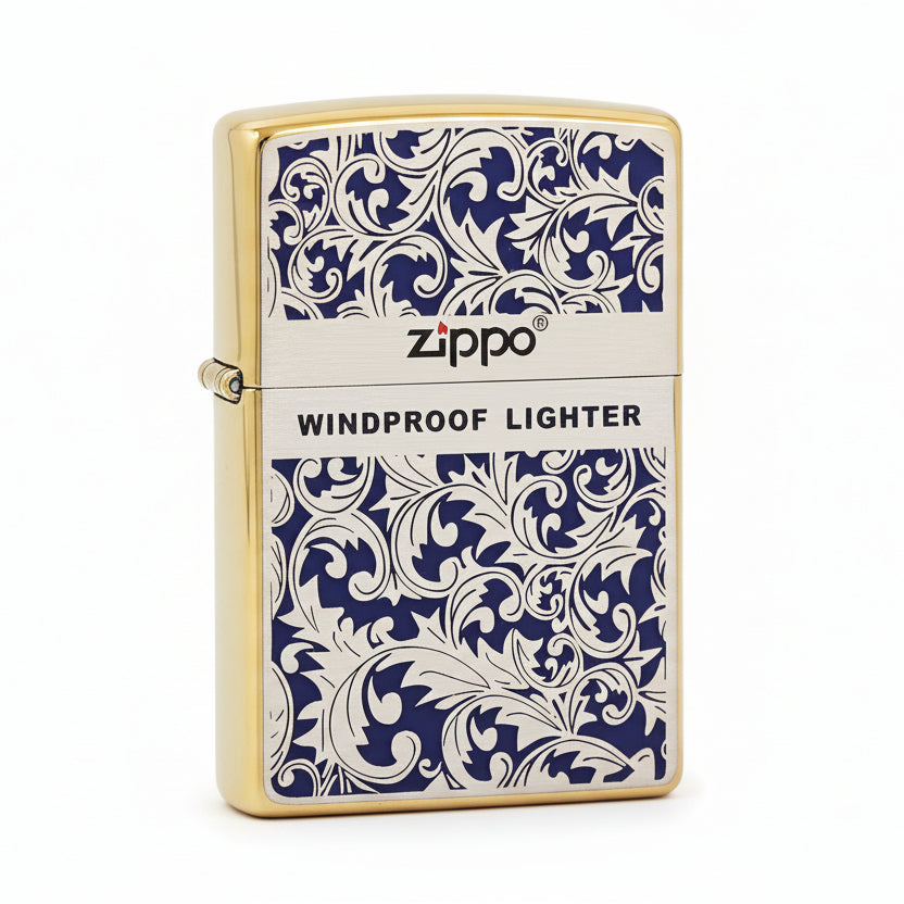 Zippo High Polish Brass Blue Color Filled Arabesque Scroll - CS05