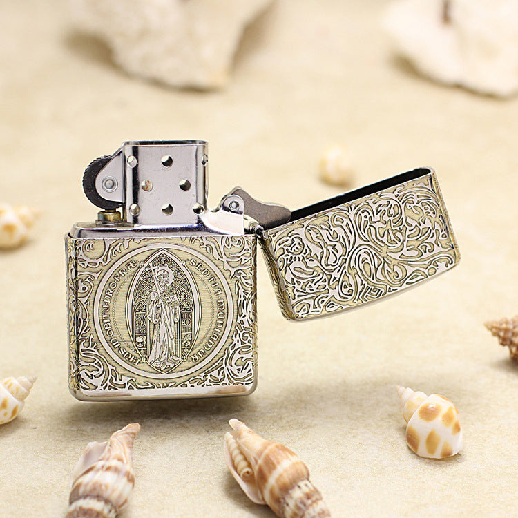 Zippo High Polish Brass Deep Carved Saint Benedict Cross and Angel - SC05