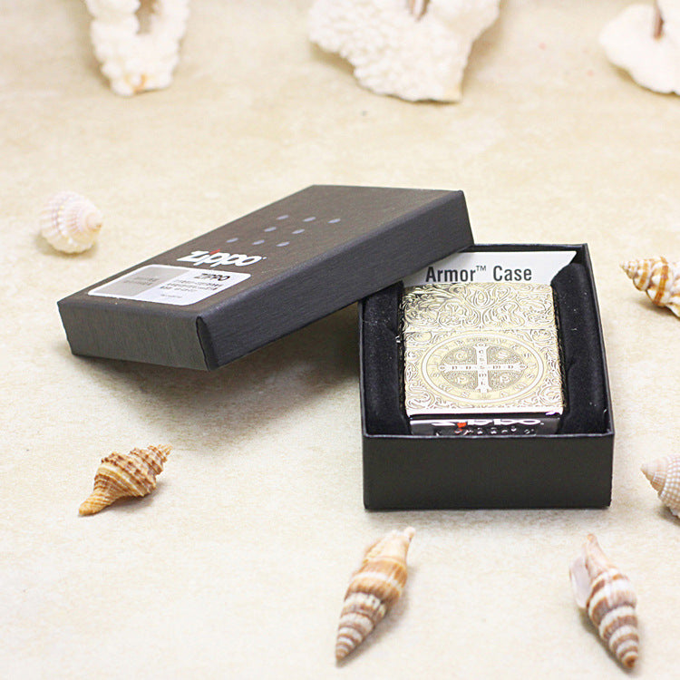 Zippo High Polish Brass Deep Carved Saint Benedict Cross and Angel - SC05