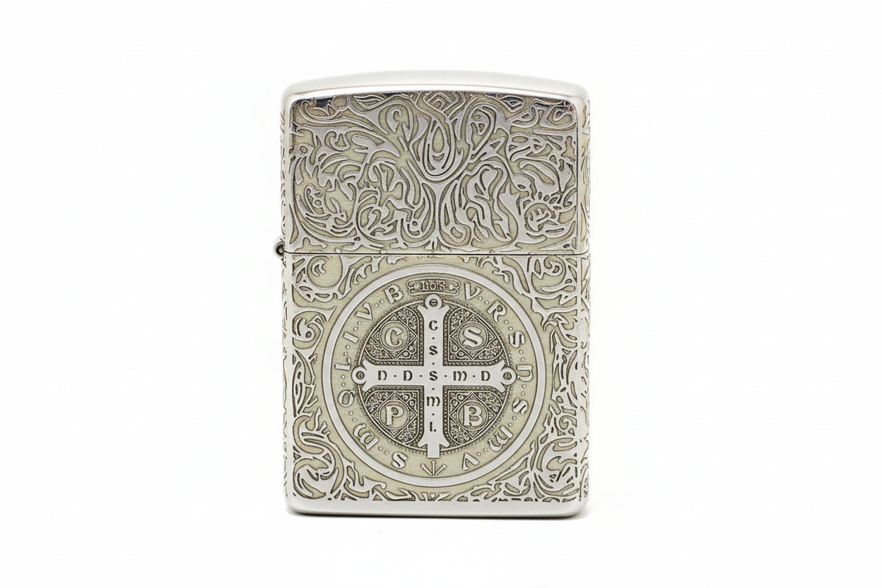 Zippo High Polish Brass Deep Carved Saint Benedict Cross and Angel - SC05