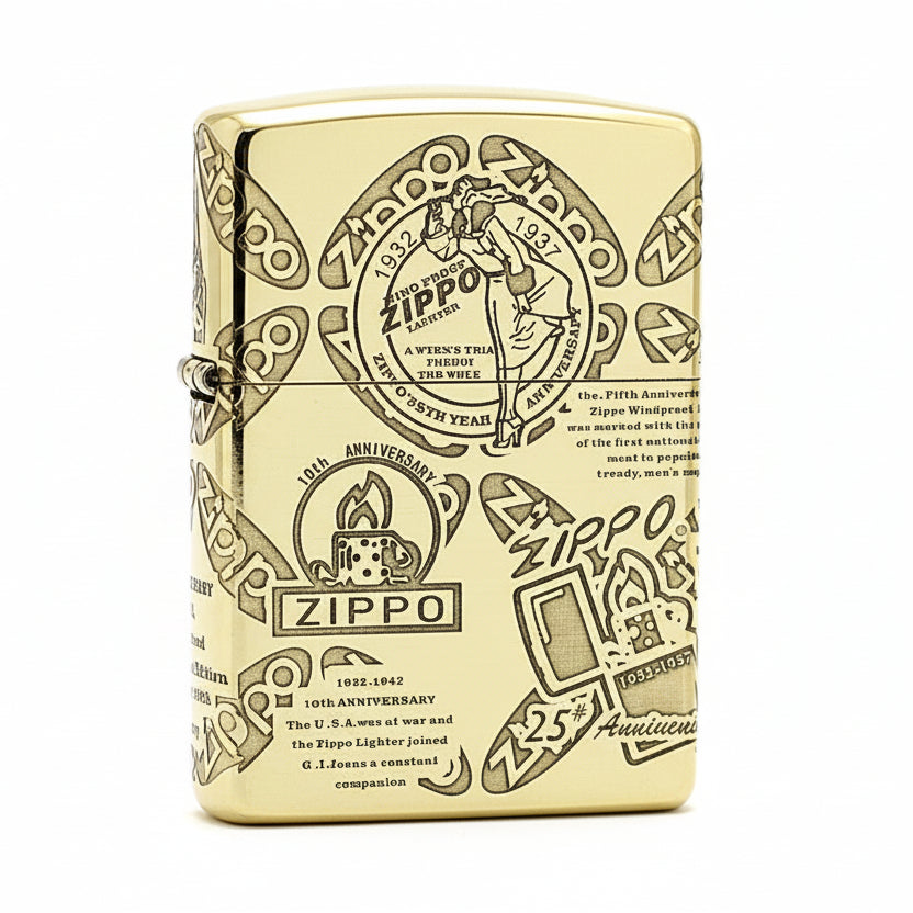 Zippo High Polish Brass Engraved Historical Logos Anniversary Design - CC150