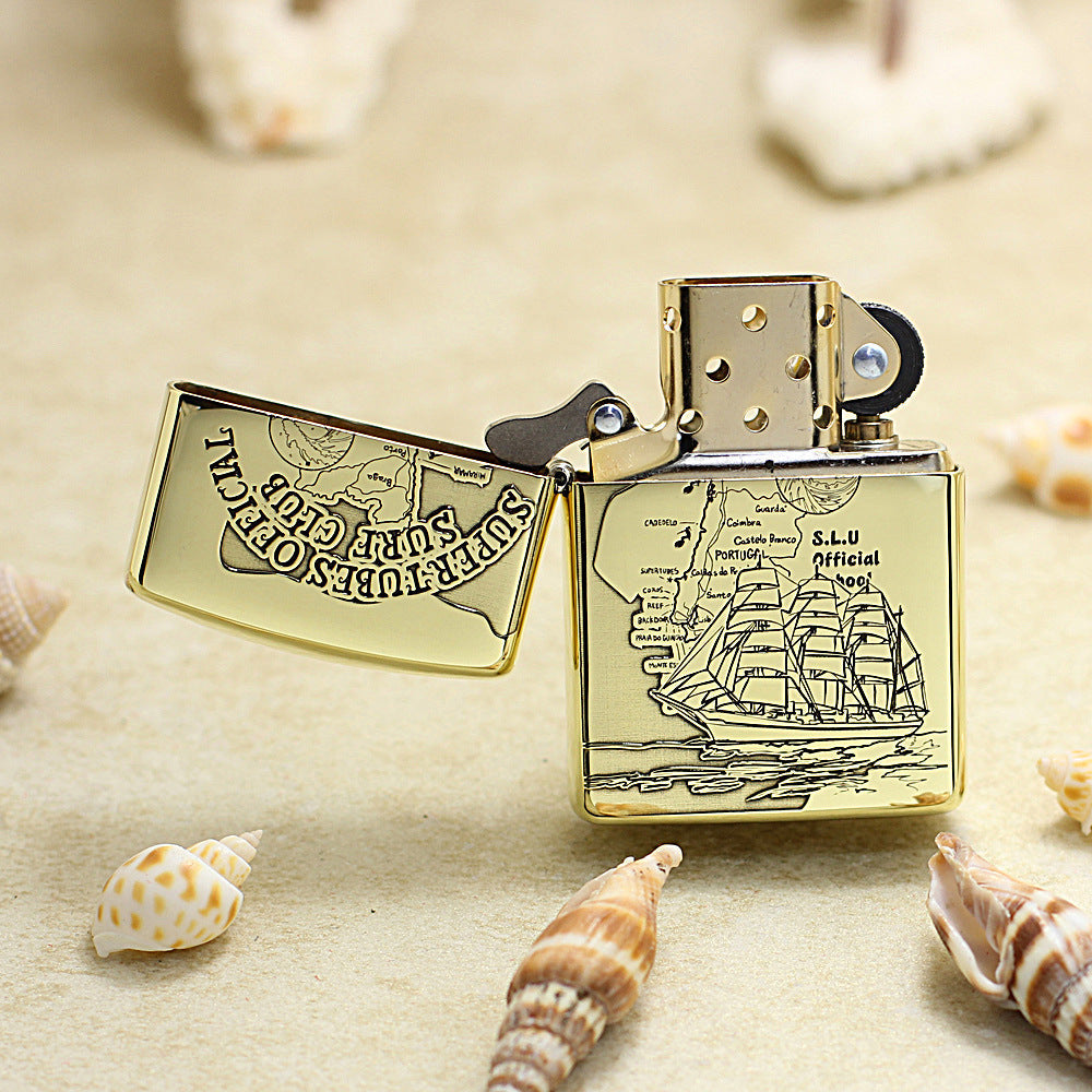 Zippo High Polish Brass Engraved Nautical Map Sailing Ship - CC146