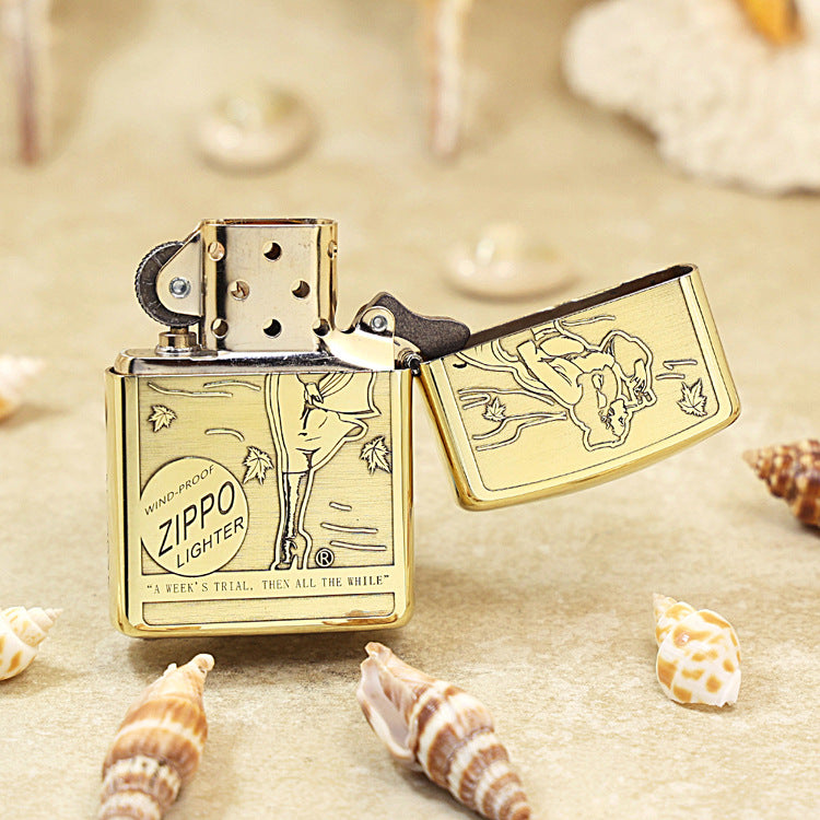 Zippo High Polish Brass Engraved Pin-Up Girl Autumn Wind - CC151