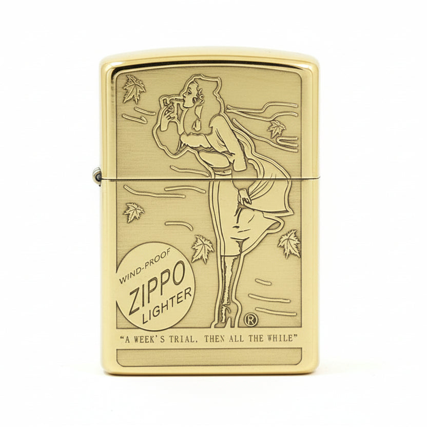 Zippo High Polish Brass Engraved Pin-Up Girl Autumn Wind - CC151